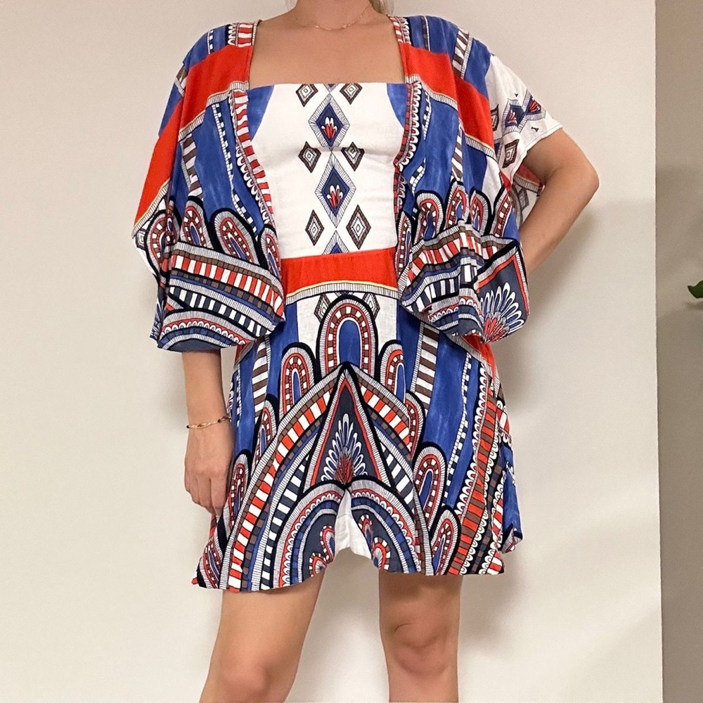 FARM Rio Red and Blue Patterned Mini Dress